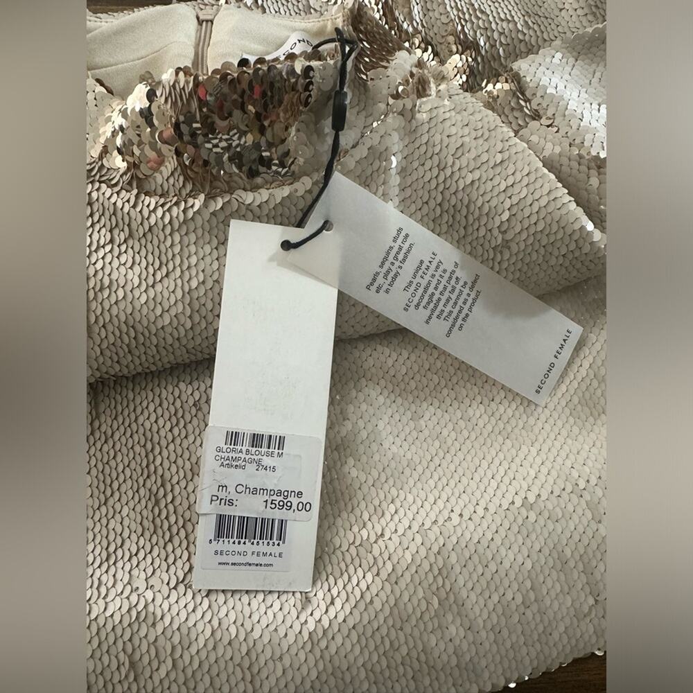 NWT Second Female Gold Champagne Flip Sequin Split Back Mock Neck Blouse Medium - Picture 6 of 8